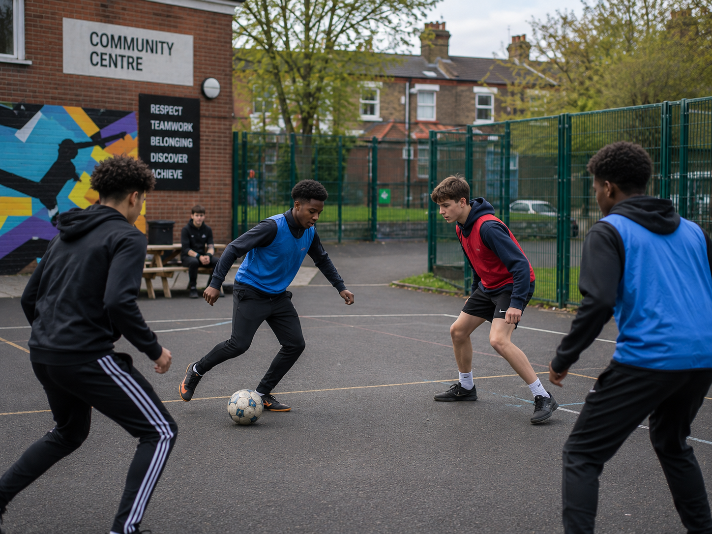 Teenagers playing football outside a UK community centre