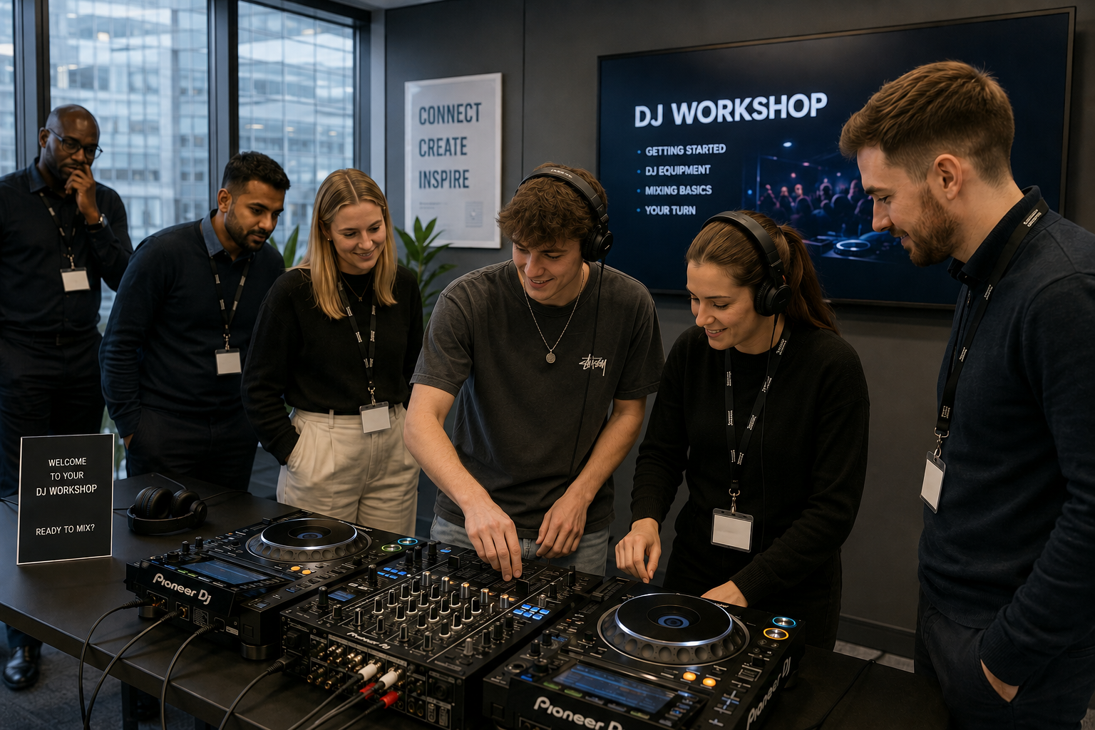 Group taking part in a corporate DJ workshop with Pioneer DJ decks