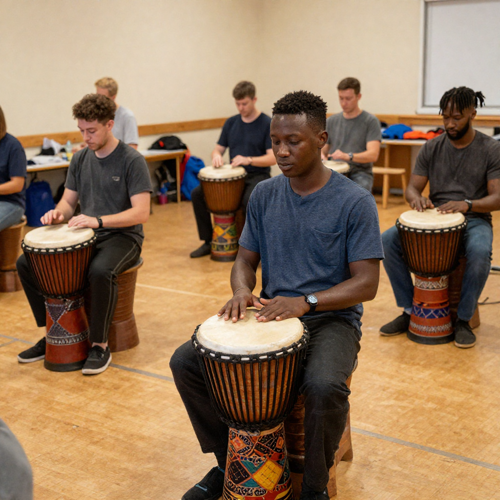 Group taking part in an African djembe drumming workshop
